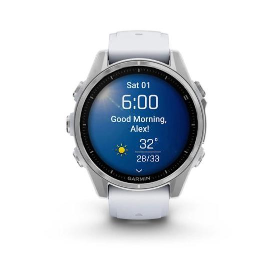 Garmin Fenix 8 - 43mm, ekran AMOLED, Standard, Stal, Srebrny z paskiem białym Whitestone [010-02903-00]