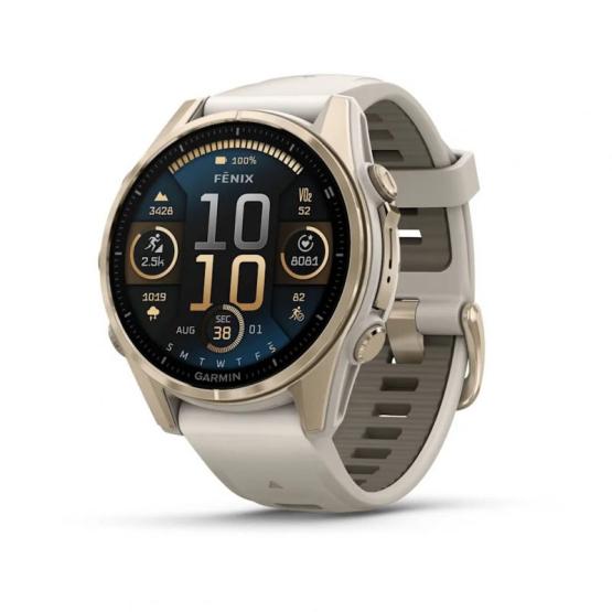 Garmin Fenix 8 - 43mm, ekran AMOLED, Sapphire, Stal, Soft Gold z paskiem piaskowym Dark sandstone [010-02903-11]