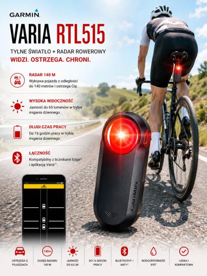 Garmin Varia RTL515 Tylne światło + radar rowerowy z Bluetooth [010-02375-00] [010-02375-01] (2)