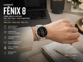 Obrazek 2 dla: Garmin Fenix 8  43mm, ekran AMOLED, Sapphire, Stal, Soft Gold z paskiem piaskowym Dark sandstone [0100290311]
