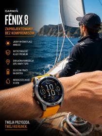 Obrazek 2 dla: Garmin Fenix 8  51mm, ekran AMOLED, Sapphire, Tytanowy z paskiem pomarańczowym Spark orange [0100290511]