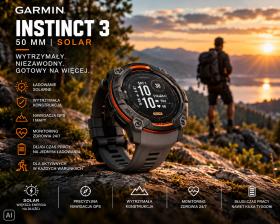 Obrazek 2 dla: Garmin Instinct 3 50mm Solar Czarny z paskiem w kolorze Charcoal grafitowym [0100293500]